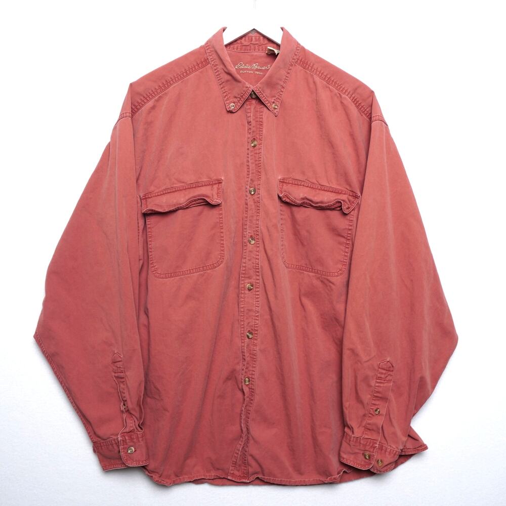 Vintage Eddie Bauer Red Orange Rufton Twill Long Sleeve Shirt Size XL